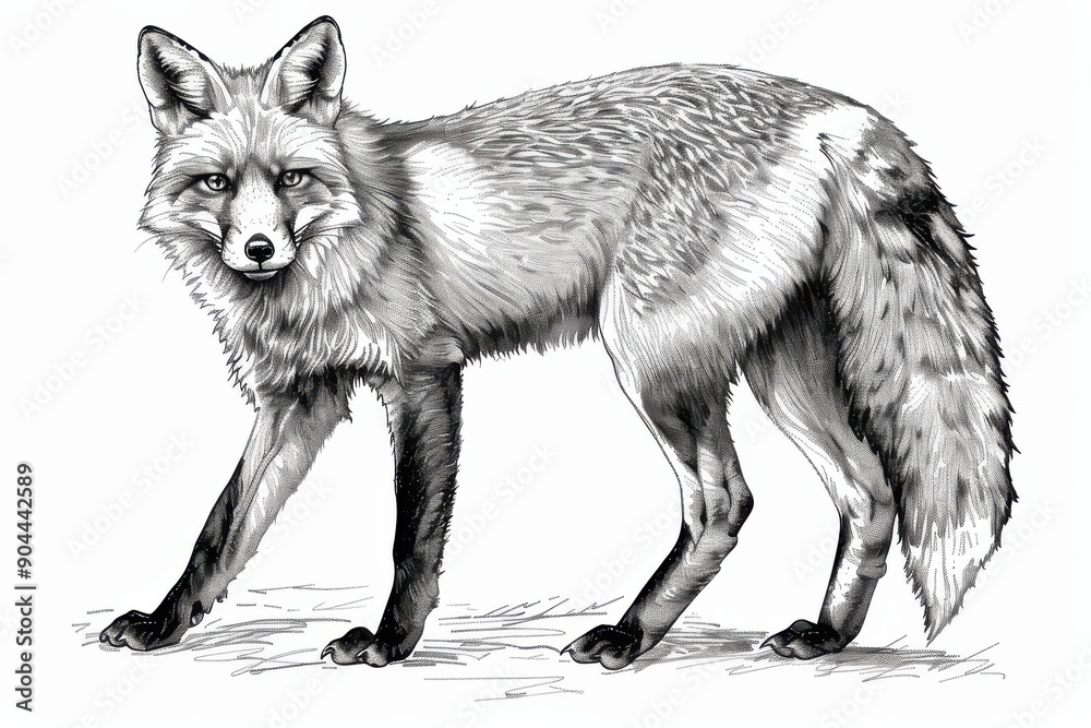 Intricate Hand-Drawn Fox Engraving: Black and White Ink Sketch Intricate Hand-Drawn Fox Engraving: Black and White Ink Sketch