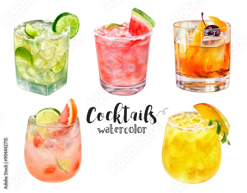 A vibrant and lively collection of beautiful watercolor cocktails, ideal for summer drinks and festive celebrations. PNG