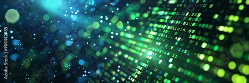 The display highlights modern tech and cybersecurity themes with abstract digital data streams in green and blue hues