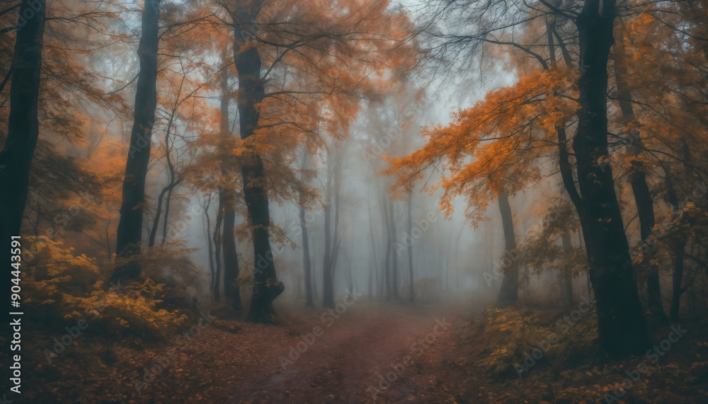 Fototapeta premium ground road in forest in the autumn season, beautiful nature, rainy weather, cloudy