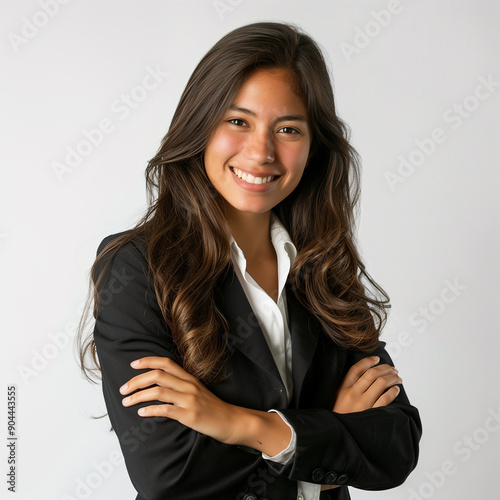 Portrait of a young hispanic businesswoman smiling with arms crossed standing on a gray background