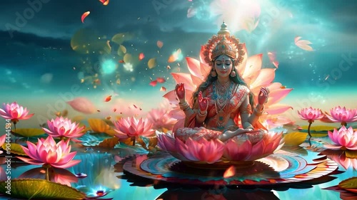 shows the Hindu goddess Laxmi, a representation of wealth and prosperity, sitting on a lotus with a celestial aura. photo