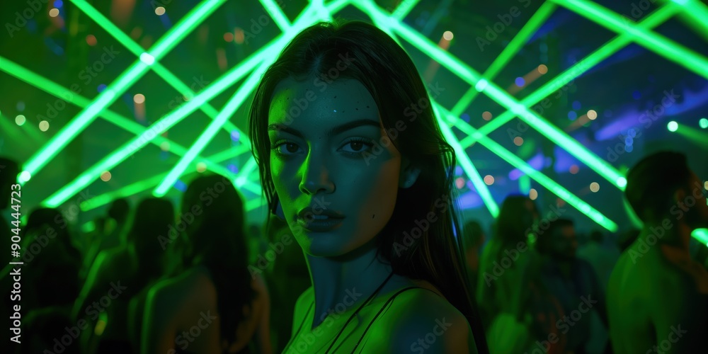 A young woman stands in a crowded nightclub, surrounded by vibrant green laser lights. The scene captures energetic nightlife atmosphere A young woman stands in a crowded nightclub, surrounded by vibrant green laser lights. The scene captures energetic nightlife atmosphere