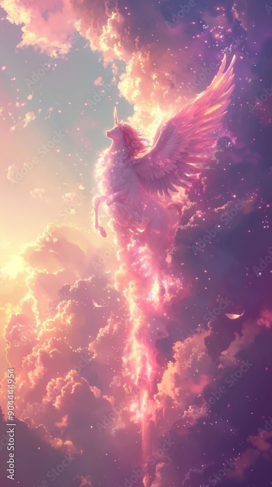 A majestic unicorn with wings soars through pink clouds. A majestic unicorn with wings soars through pink clouds.