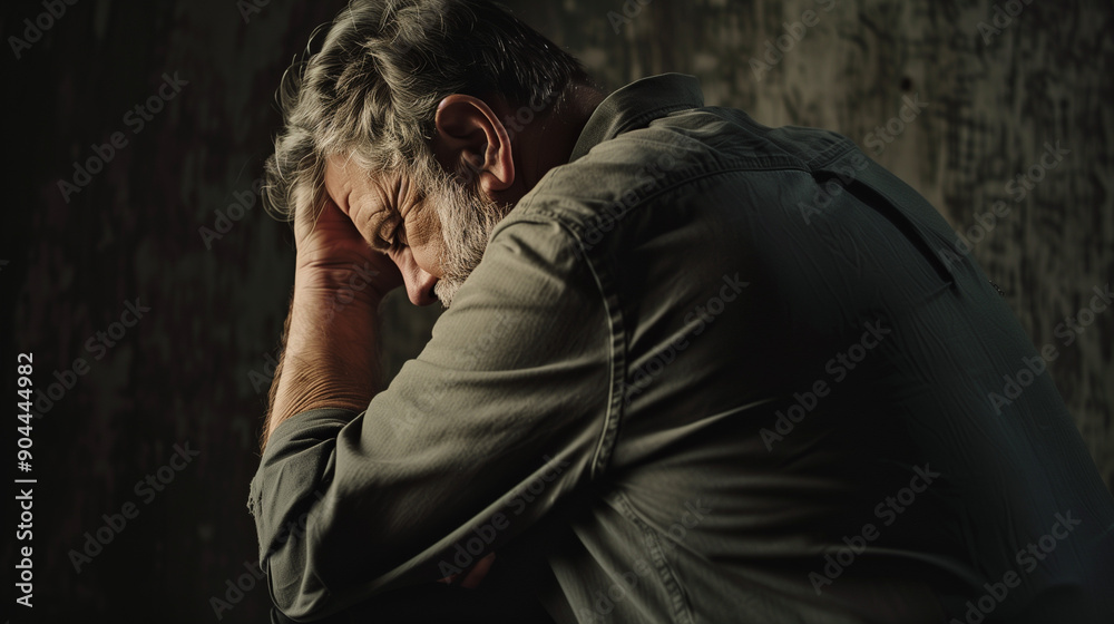 Senior man wearing a green shirt, with gray hair and a beard, sitting alone in a dark room, feeling sad and depressed Senior man wearing a green shirt, with gray hair and a beard, sitting alone in a dark room, feeling sad and depressed