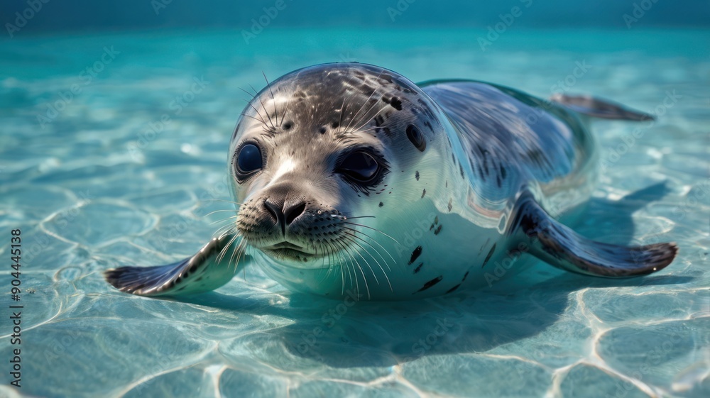 Fototapeta premium A playful gray seal swimming in clear turquoise water, showcasing its curious nature and spotted fur.