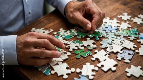 A person's hands delicately placing puzzle pieces on a wooden table, showcasing a relaxing moment of focus and creativity.