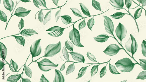 Padrão de planta verde e folhas. Lápis, ilustração natural desenhada à mão. Design simples de plantas orgânicas. Arte gráfica vintage de botânica. Papel de parede 4k, plano de fundo. Design simples