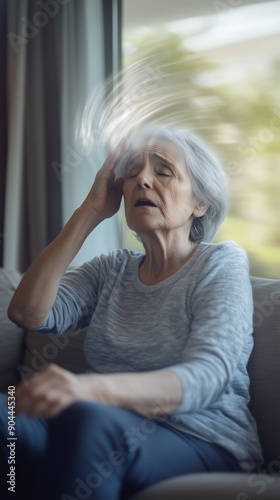 Senior woman is touching her head, experiencing dizziness and discomfort while sitting on the sofa at home photo