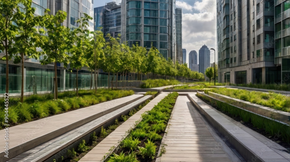 Modern urban landscape featuring lush greenery and sleek buildings under a bright sky.