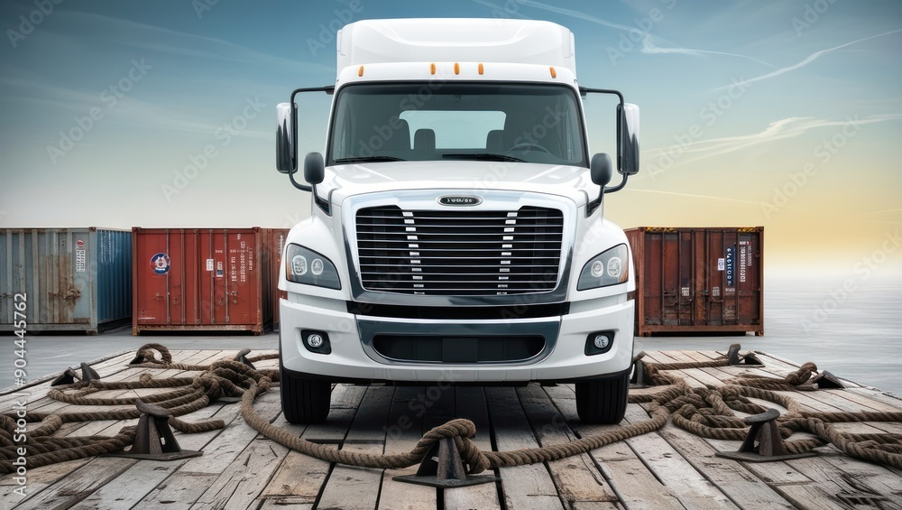 A white semi-truck is showcased at a shipping dock, highlighting its robust features against a tranquil sunset backdrop. A white semi-truck is showcased at a shipping dock, highlighting its robust features against a tranquil sunset backdrop.