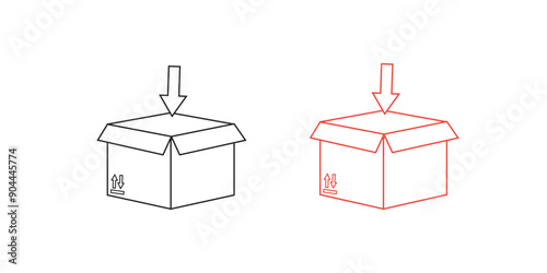 Box line icons. Empty open shipping box or unboxing line art. Carton boxes icon set. Stock vector