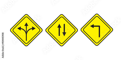 Choice between three roads icons. Three-way directional arrow collection. Way, road, direction, branching, arrows