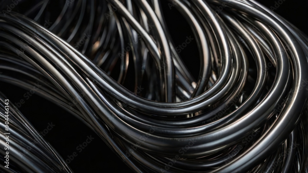 Abstract close-up of intertwined metallic wires showcasing a fluid, dynamic form.
