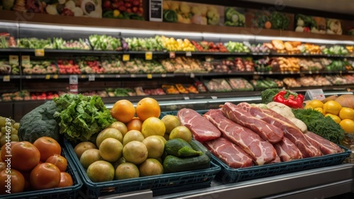 A vibrant display of fresh produce and meats in a grocery store, showcasing a variety of colorful fruits and vegetables.