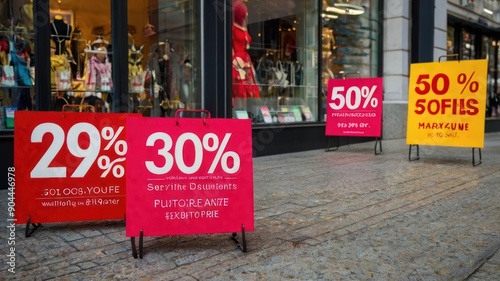 Colorful sale signs outside a retail store showcase discounts on various products in a vibrant urban setting. photo