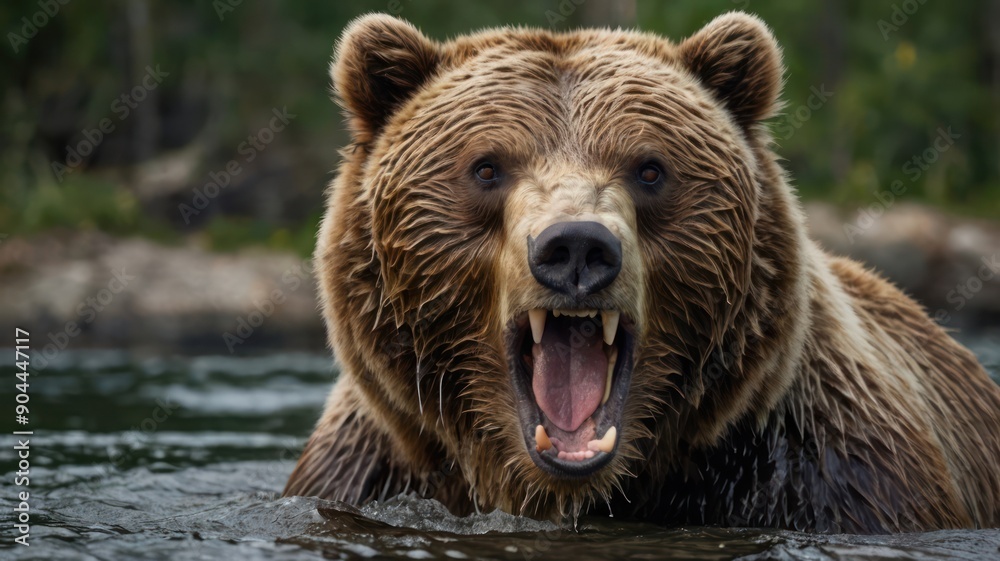A powerful brown bear roars loudly while partially submerged in water, showcasing its impressive features and fierce expression. A powerful brown bear roars loudly while partially submerged in water, showcasing its impressive features and fierce expression.