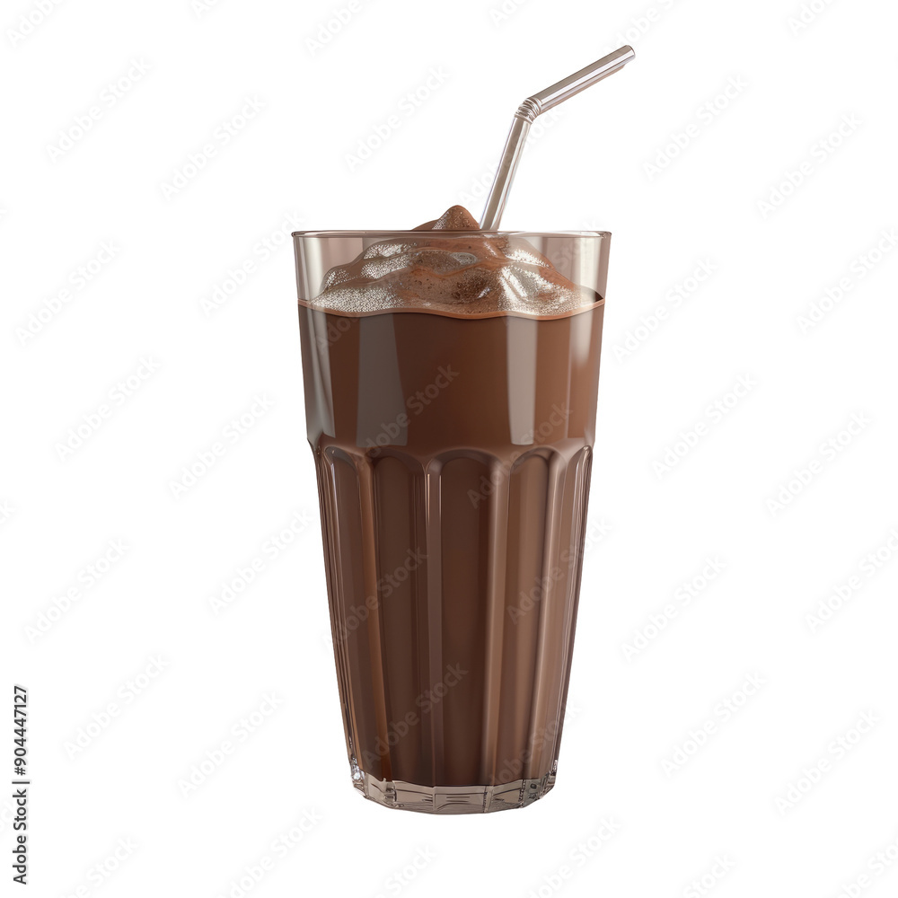 Chocolate milkshake in a glass with a straw on a transparent background