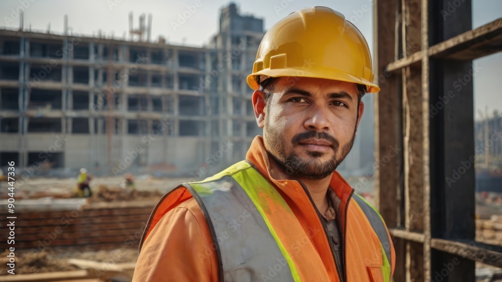 Middle-aged South Asian male construction worker wearing a safety helmet and reflective vest at a construction site. Middle-aged South Asian male construction worker wearing a safety helmet and reflective vest at a construction site.