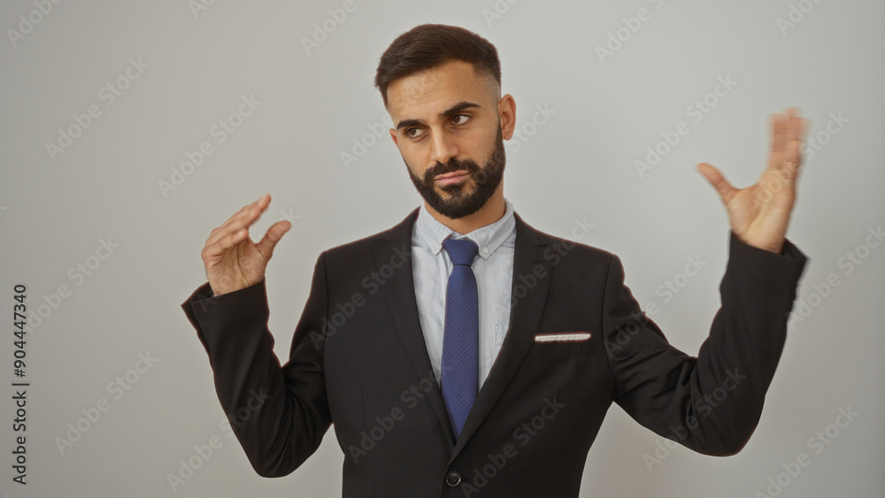 Handsome man in a suit performing a presentation with expressive gestures against an isolated white background