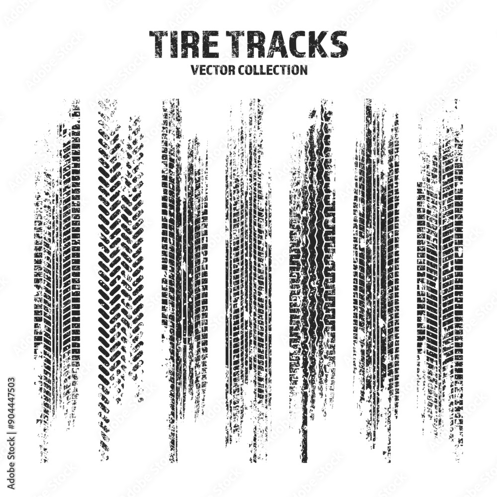 Obraz premium Grunge tire tracks, wheel braking marks. Truck, car or motorcycle tread pattern silhouettes. Auto race, motorsport, speed racing design element. Vector illustration