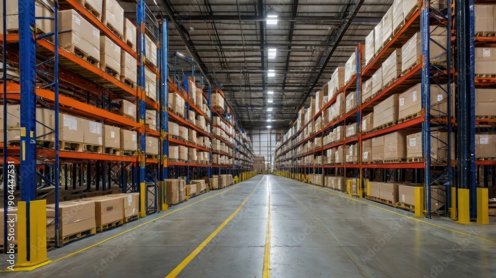 An expansive warehouse interior features tall shelves filled with cardboard boxes, creating an organized and efficient storage environment. An expansive warehouse interior features tall shelves filled with cardboard boxes, creating an organized and efficient storage environment.