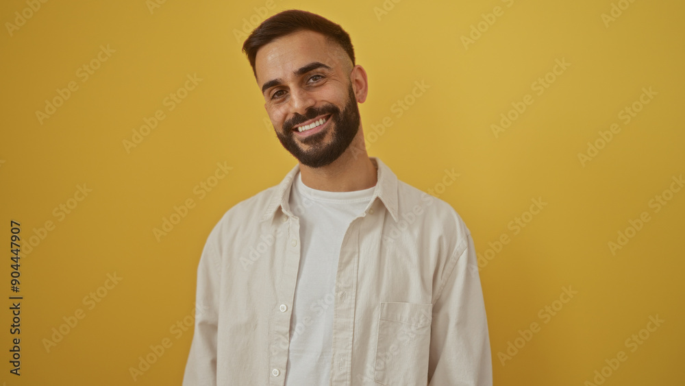 Handsome young hispanic man with a beard smiling over an isolated yellow background Handsome young hispanic man with a beard smiling over an isolated yellow background