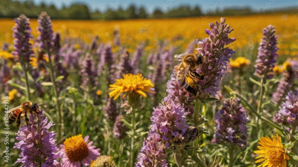 Obraz premium A close-up of bees pollinating vibrant purple and yellow flowers in a sunny field, creating a serene and lively atmosphere.