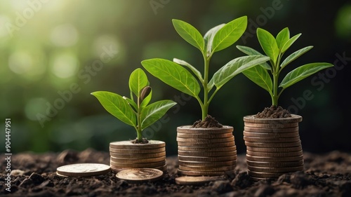 Three stacks of coins with growing plants symbolize financial growth and sustainability.