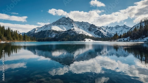 Wallpaper Mural A picturesque mountain landscape with a serene lake reflecting snow-capped peaks and blue skies. Torontodigital.ca