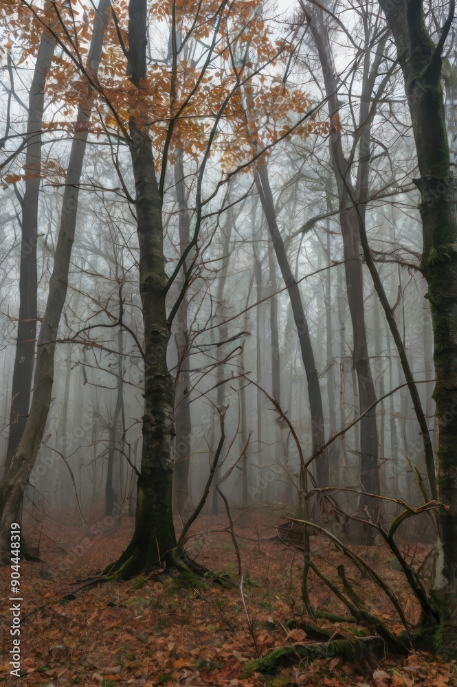 An eerie mist envelops a forest with tall trees, showcasing autumn's last leaves clinging to branches. An eerie mist envelops a forest with tall trees, showcasing autumn's last leaves clinging to branches.