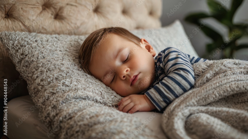 A peaceful Caucasian toddler sleeping soundly under a cozy blanket, surrounded by soft pillows in a serene bedroom. A peaceful Caucasian toddler sleeping soundly under a cozy blanket, surrounded by soft pillows in a serene bedroom.