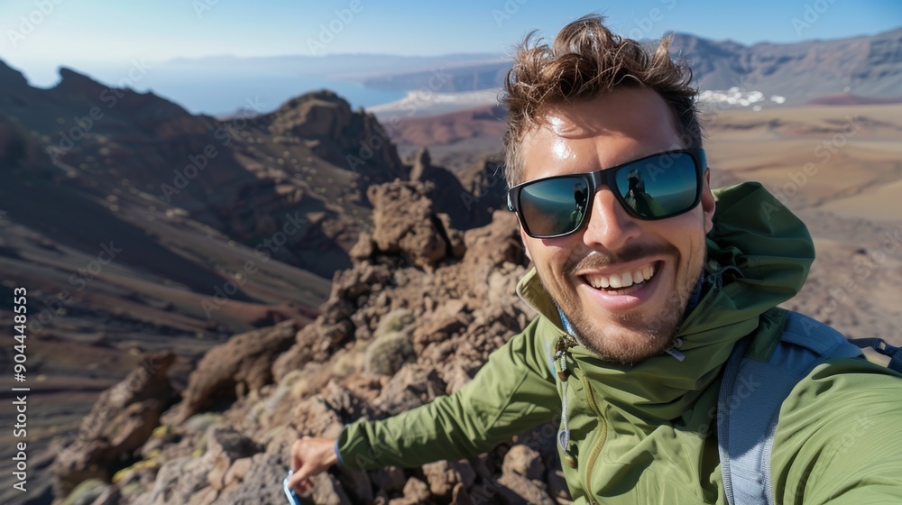 a joyful young Caucasian man snapping a selfie in front of a breathtaking volcanic mountain backdrop a joyful young Caucasian man snapping a selfie in front of a breathtaking volcanic mountain backdrop