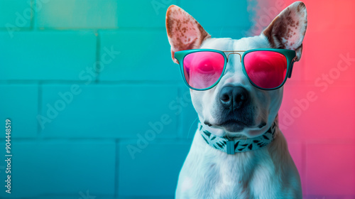 a terrier wearing sunglasses in front of a colorful background