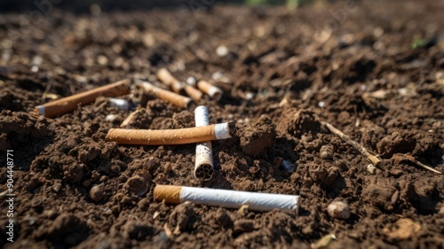 Discarded cigarette butts scattered on the ground, highlighting environmental pollution.