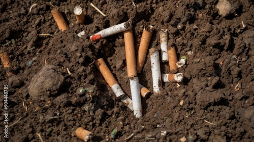 An unsettling view of discarded cigarette butts scattered in dark soil, highlighting the issue of litter and environmental pollution.