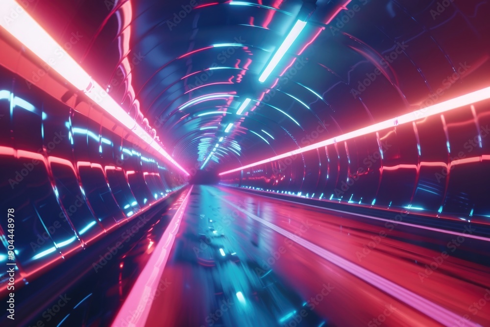 A train moving through a dark tunnel illuminated by red and blue lights A train moving through a dark tunnel illuminated by red and blue lights