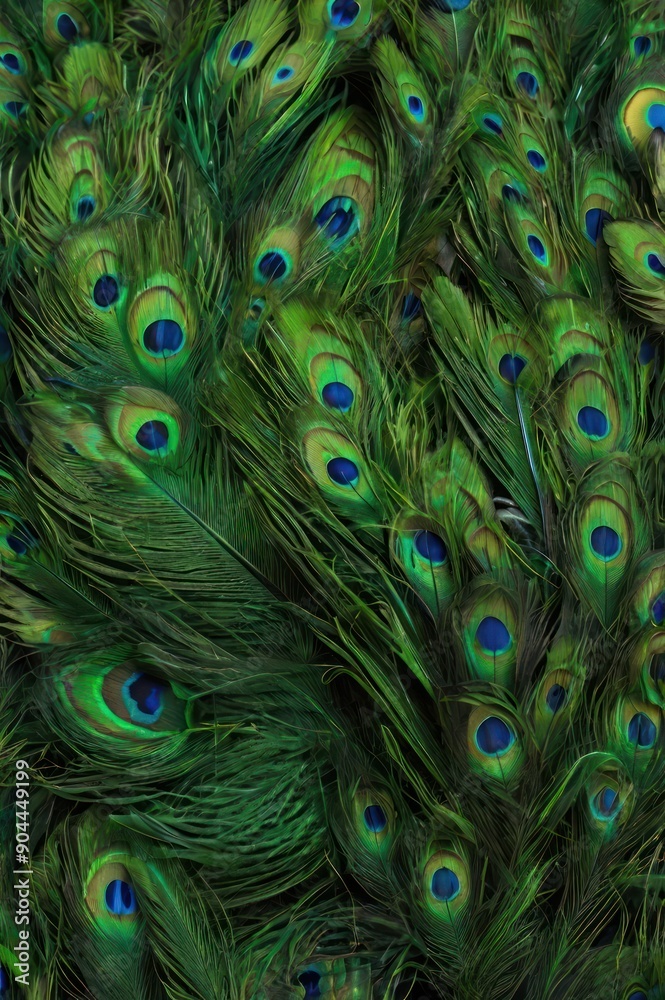 Obraz premium A vibrant display of peacock feathers showcasing striking emerald green hues and mesmerizing blue eye patterns.