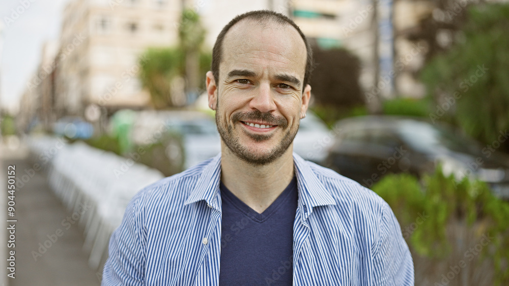 Smiling bald man with beard wearing casual shirt in an urban street setting Smiling bald man with beard wearing casual shirt in an urban street setting