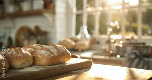 Freshly Baked Rolls on a Wooden Cutting Board in a Sunlit Kitchen
