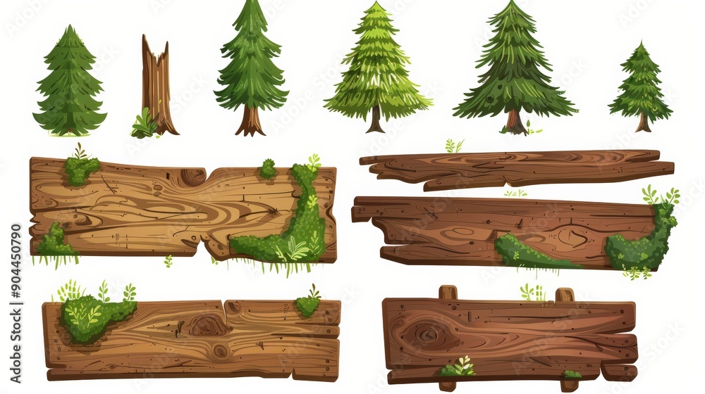 An enchanting collection that combines evergreen trees with wooden planked signs, all depicted in a detailed and charming illustration, great for forest themes. An enchanting collection that combines evergreen trees with wooden planked signs, all depicted in a detailed and charming illustration, great for forest themes.