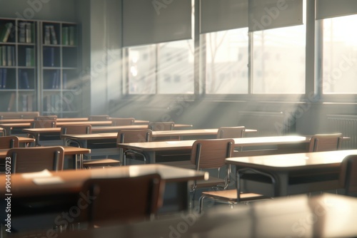 Sunlight Streaming Through Empty Classroom Desks in Afternoon