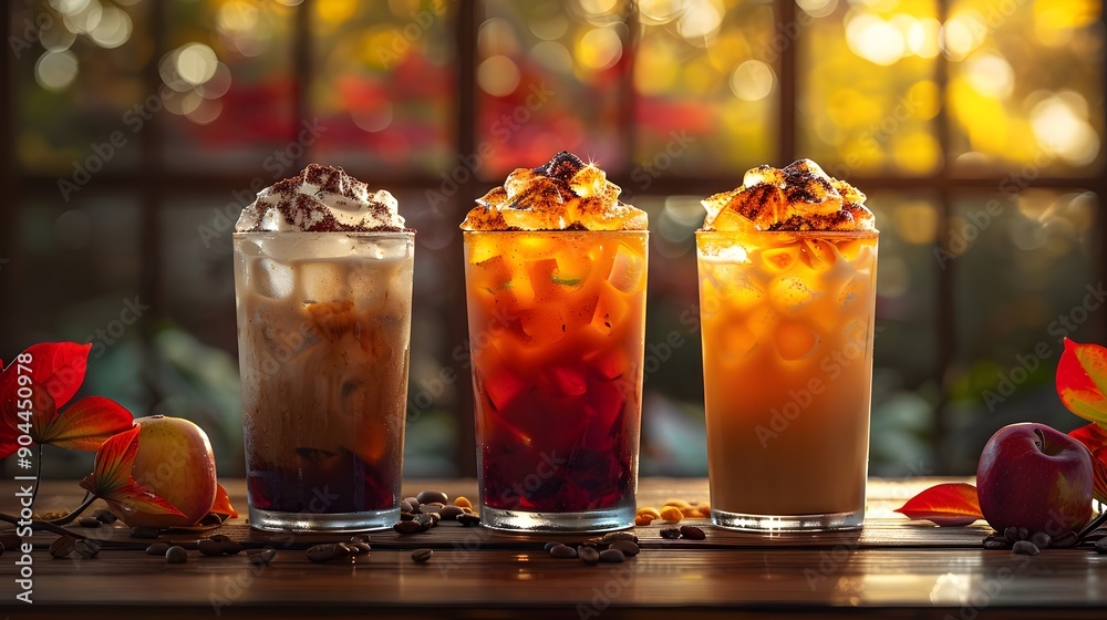 Three glasses of coffee with whipped cream on a table with apples and leaves Three glasses of coffee with whipped cream on a table with apples and leaves
