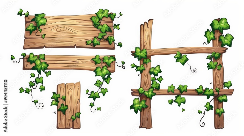 This illustration showcases a variety of wooden signs of differing shapes, each entwined with green ivy vines. The clean, white background highlights the rustic charm of the design.