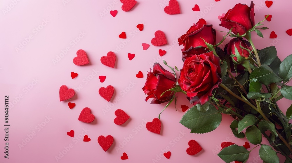 Beautiful Romantic Red Roses with Heart Confetti Set Against a Soft Pink Background
