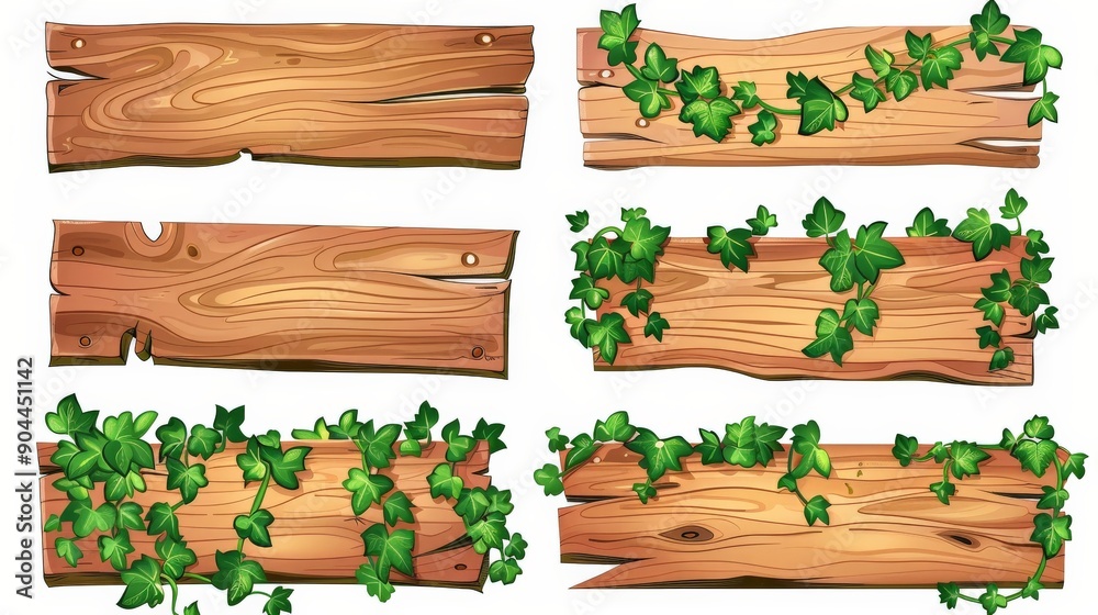 This image features six wooden plank signboards in a rustic style, decorated with abundantly branched ivy leaves, standing out against a light white background. This image features six wooden plank signboards in a rustic style, decorated with abundantly branched ivy leaves, standing out against a light white background.