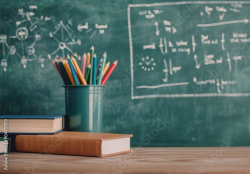 Classroom Desk With Books and Colorful Pencils in Front of Chalkboard