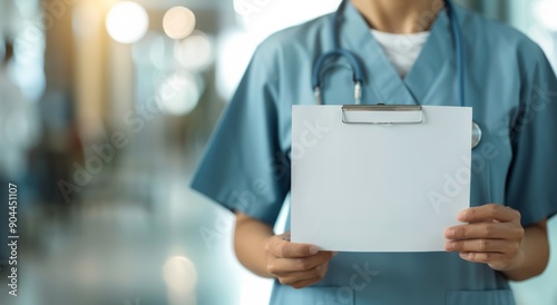 Healthcare Professional Holding Blank Paper in Hospital Corridor During Daytime