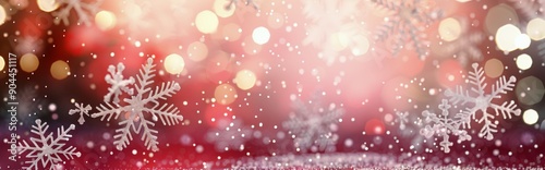 Snowflakes Falling Amidst Shimmering Red Background During Winter Season