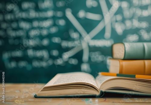 Open Book On Stack Of Textbooks With Chalkboard Background And Blurred Lights